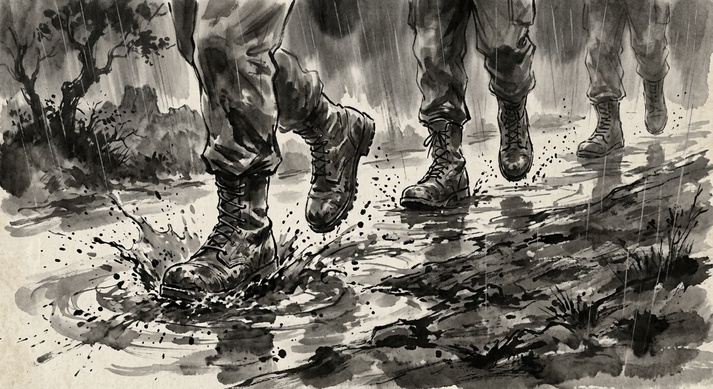 Soldiers' boots splashing through mud and puddles in the rain, ink-wash illustration