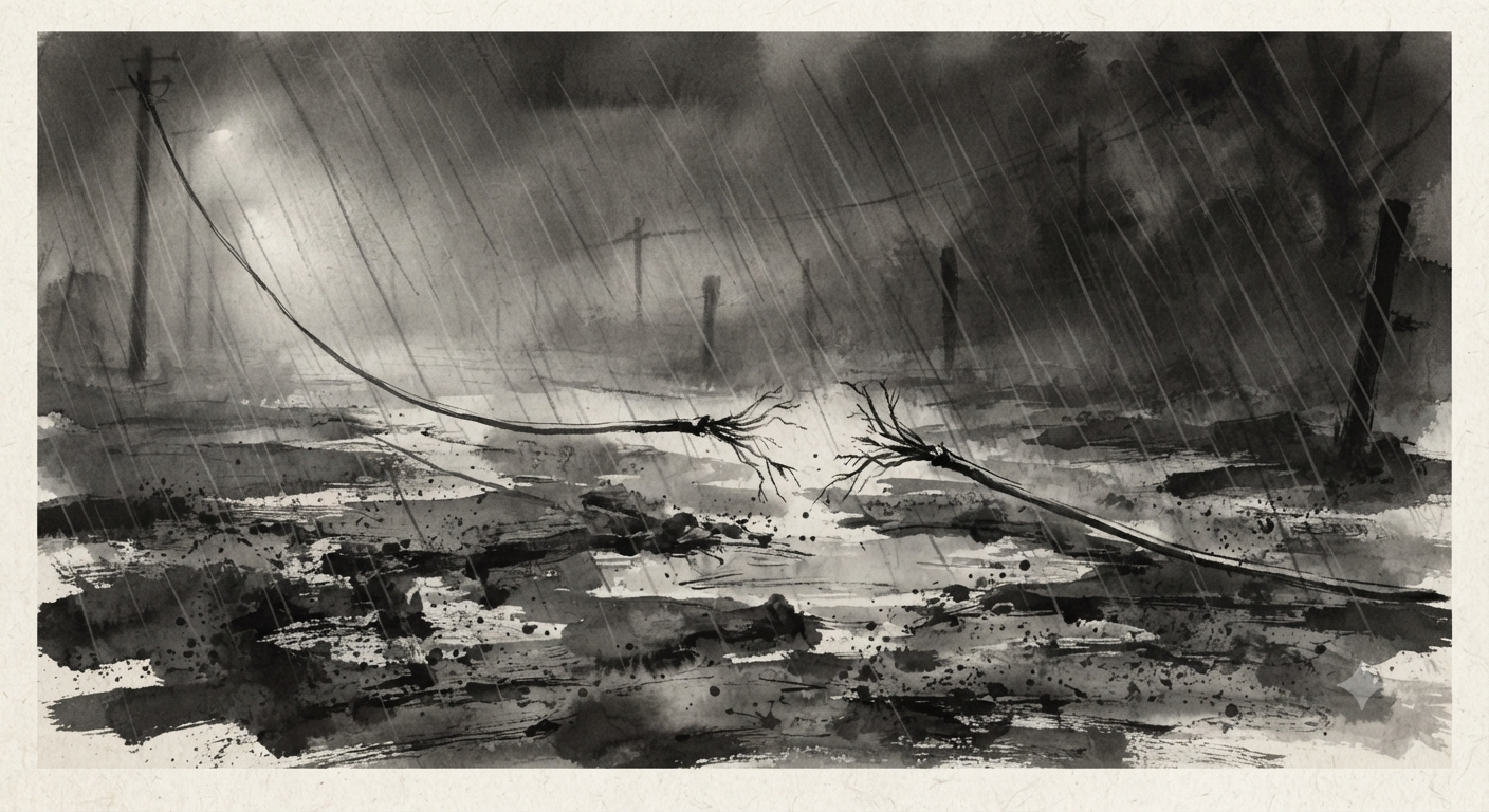 Broken telephone wire on muddy ground in the rain, ink-wash illustration