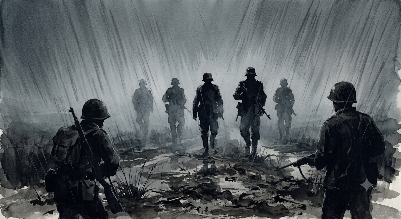 Five dark figures resolving out of the rain and fog on a farm road, ink-wash illustration