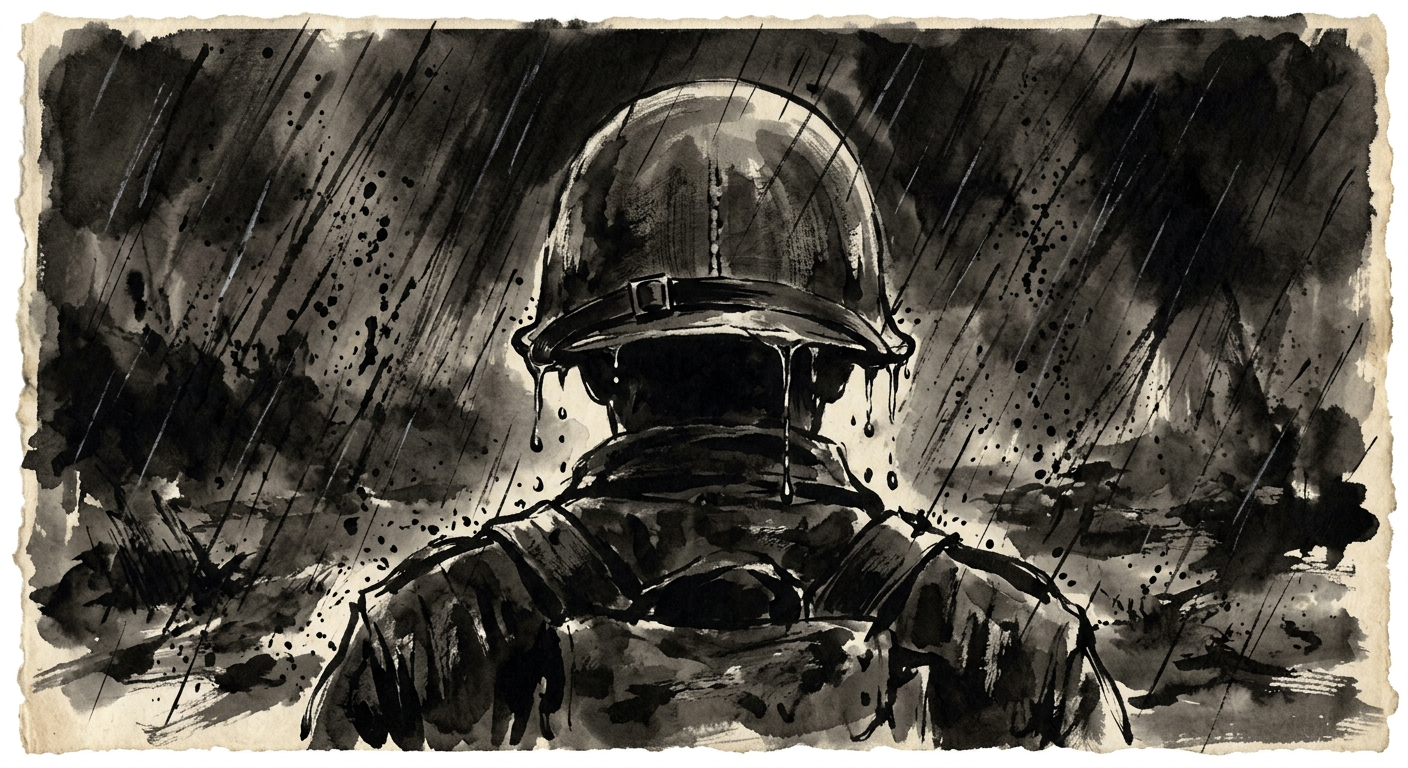 Rain dripping from the brim of a soldier's helmet, seen from behind, ink-wash illustration