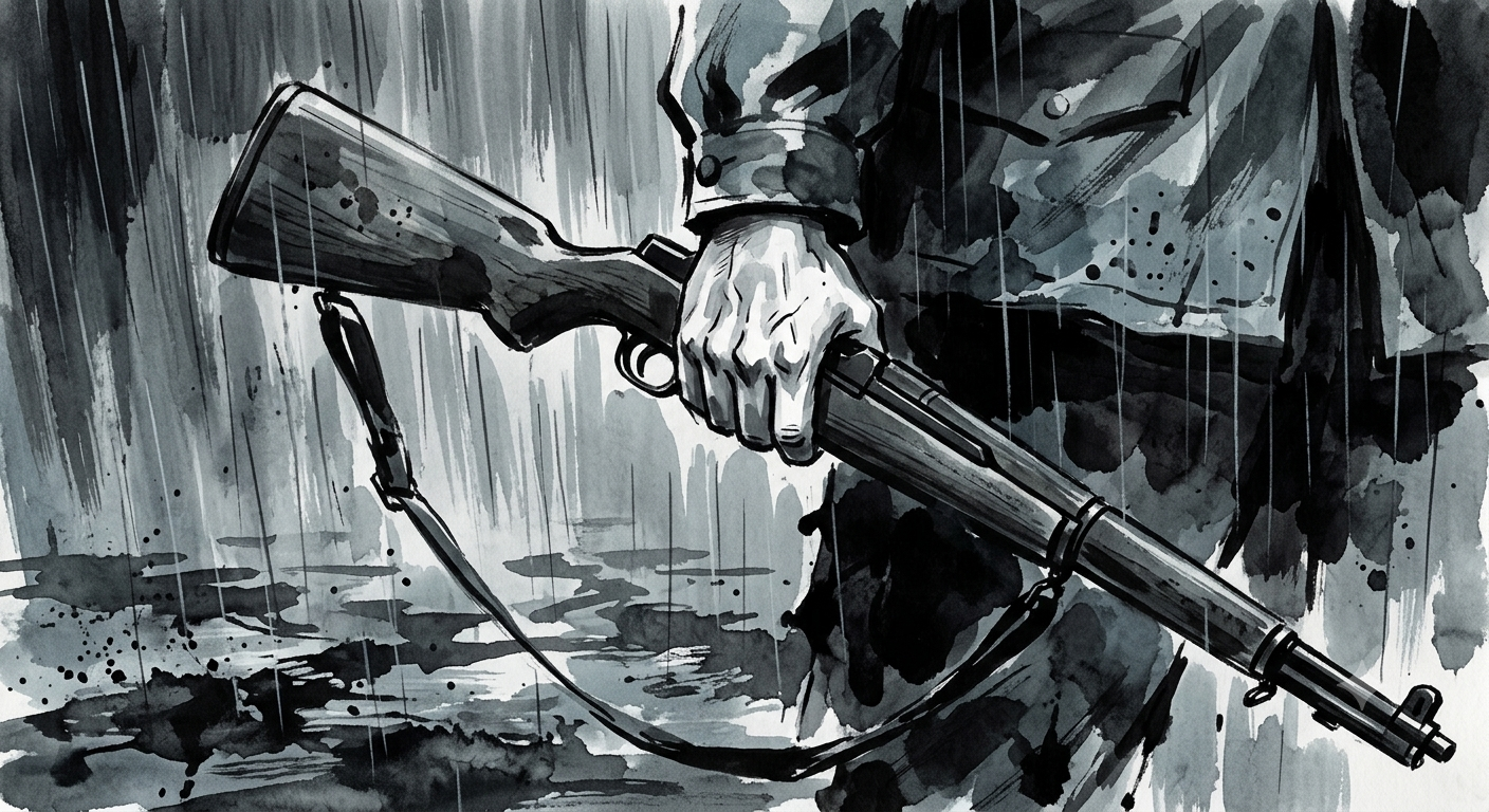 A hand tightening around a rain-wet rifle, ink-wash illustration