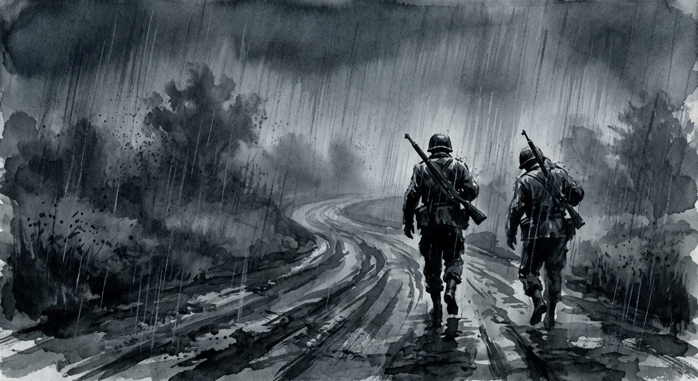 Two American soldiers standing together on the empty rain-soaked road, ink-wash illustration