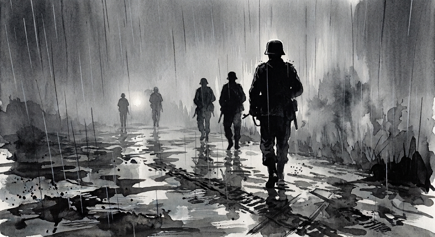 Soldiers walking away down the wet road into the distance, ink-wash illustration