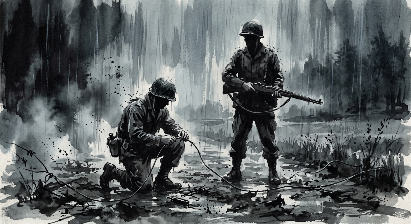 One linesman kneeling to splice wire while another stands guard with a rifle, ink-wash illustration